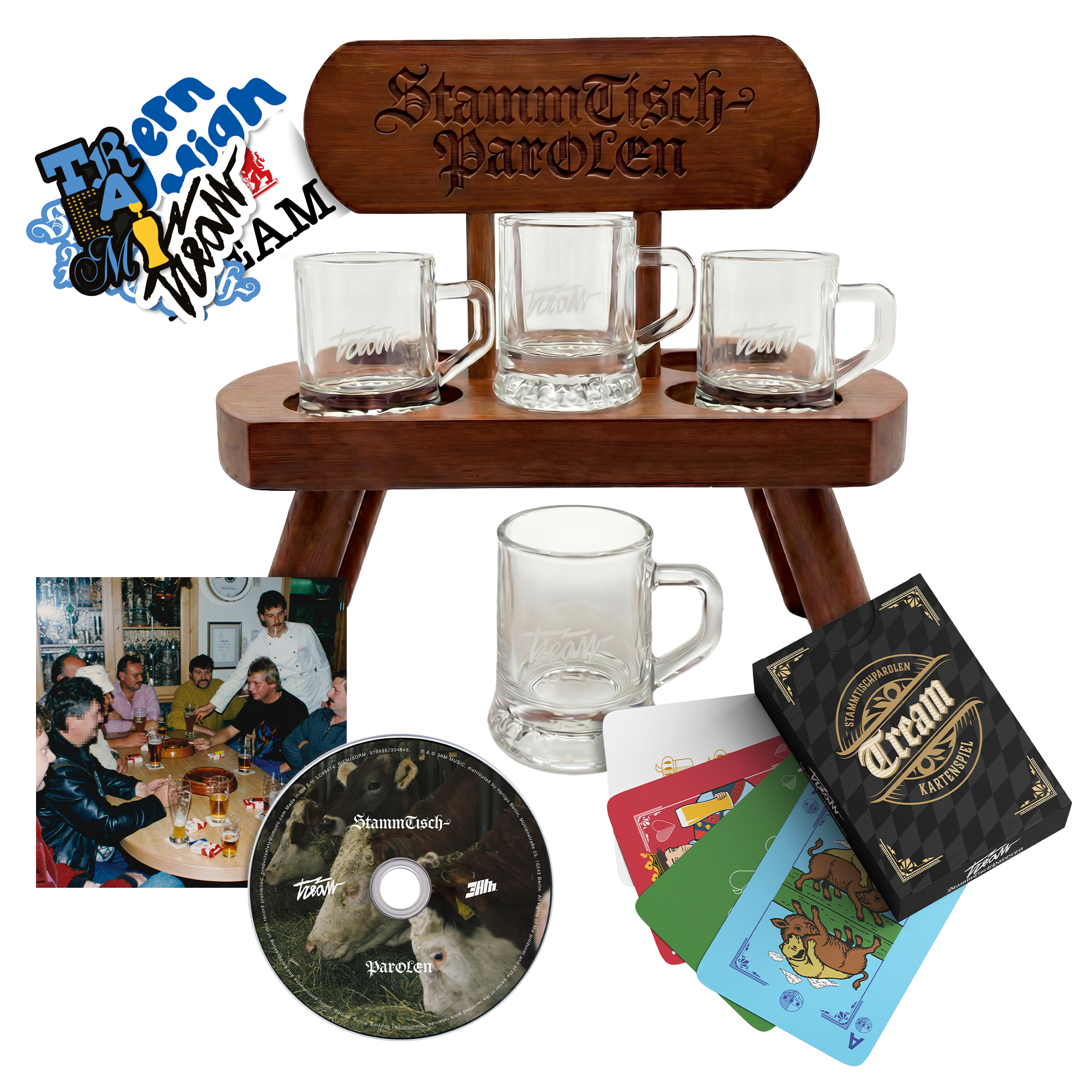 Tream STAMMTISCHPAROLEN CD + Holz-Stammtisch Trinkset + Kartenspiel 436695